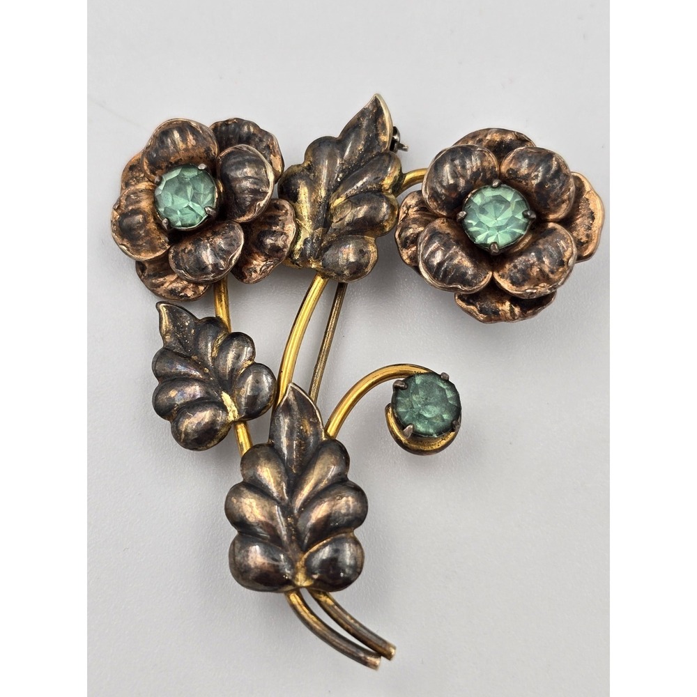 Vintage Sterling Silver 1/20‎ 12K Gold Filled Green Rhinestone Flower Brooch Pin